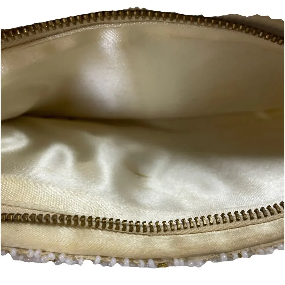 Vintage Ivory Beaded Clutch Purse Evening Bag Chevron Gold Accents